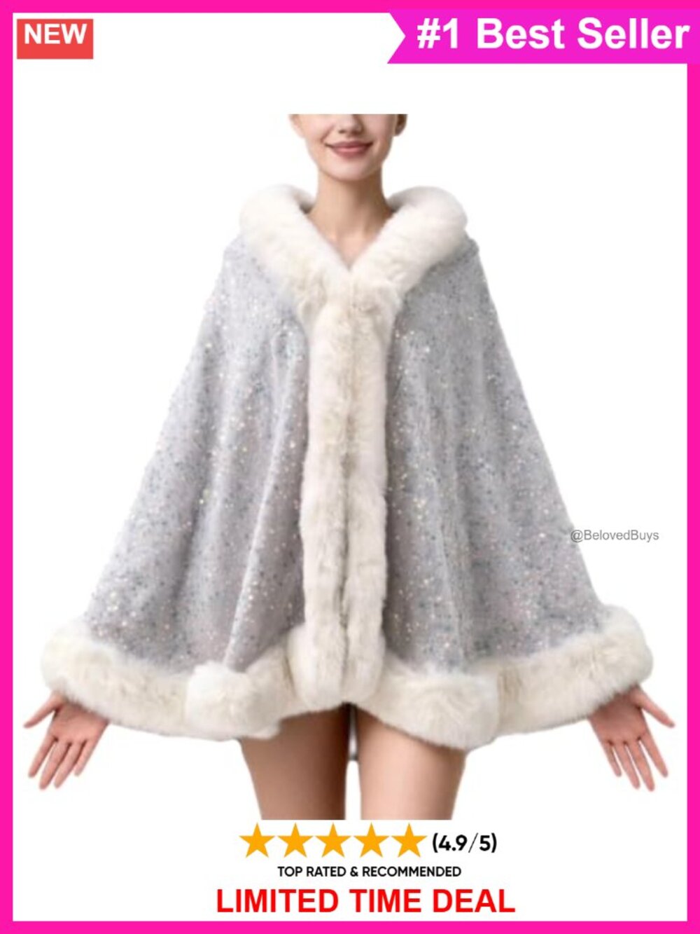 Faux Fur Shawl Wrap Open Front Poncho Cape Sequin for Evening Dresses